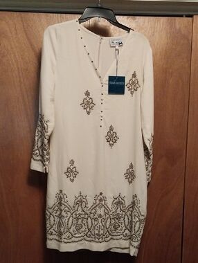 Cream Embellished V-Neck Shift Dress